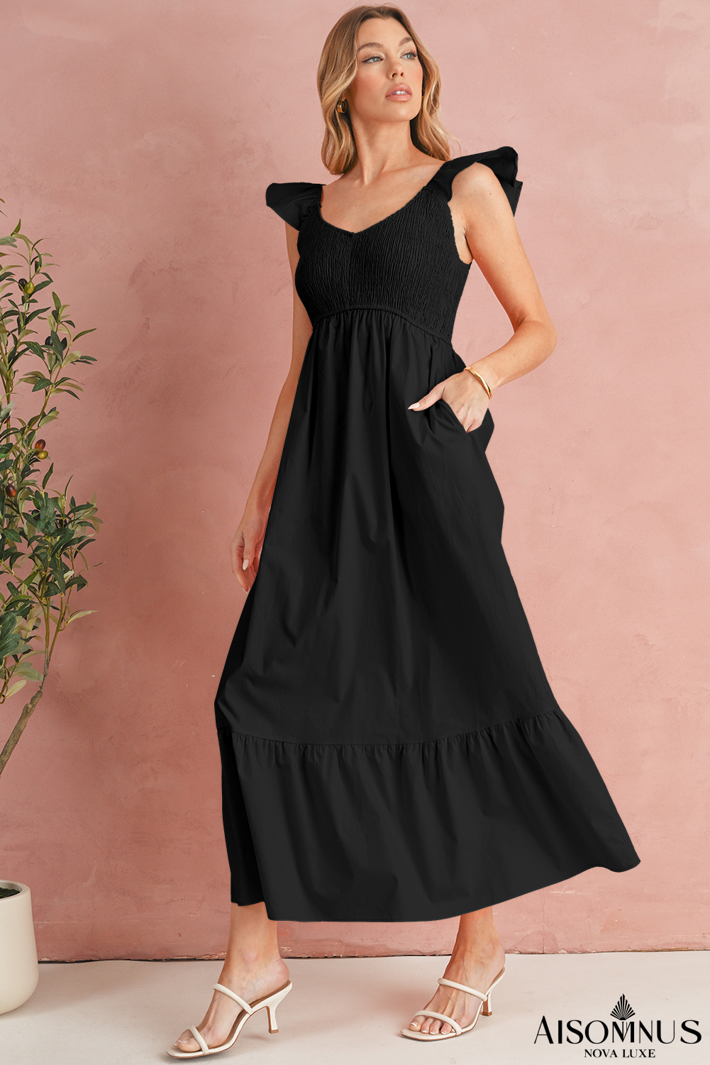 Black V Neck Flutter Sleeve Smocked Bodice High Waist Ruffle Maxi Dress
