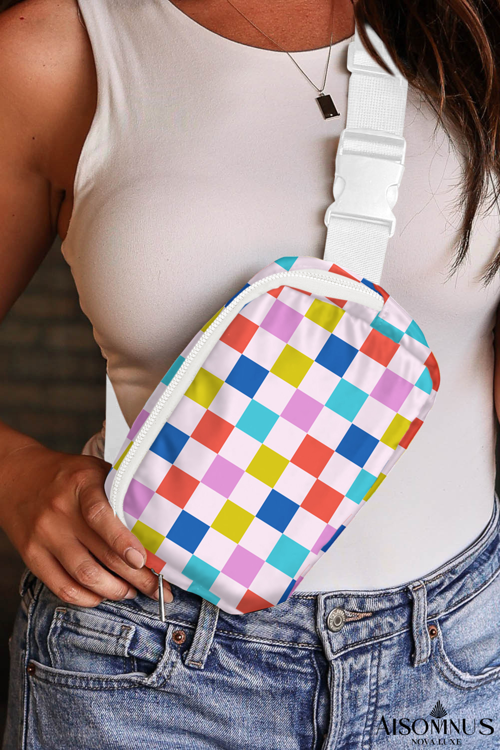 White Colorful Checkered Print Crossbody Bag