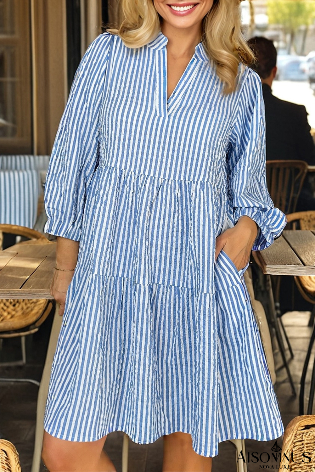 Sky Blue Striped Textured Bracelet Sleeve Tiered Mini Dress