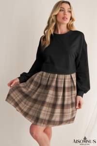 Black Plaid Patchwork High Waist Sweatshirt Mini Dress