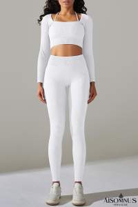 White Ribbed Long Sleeve Top and Leggings Workout Set
