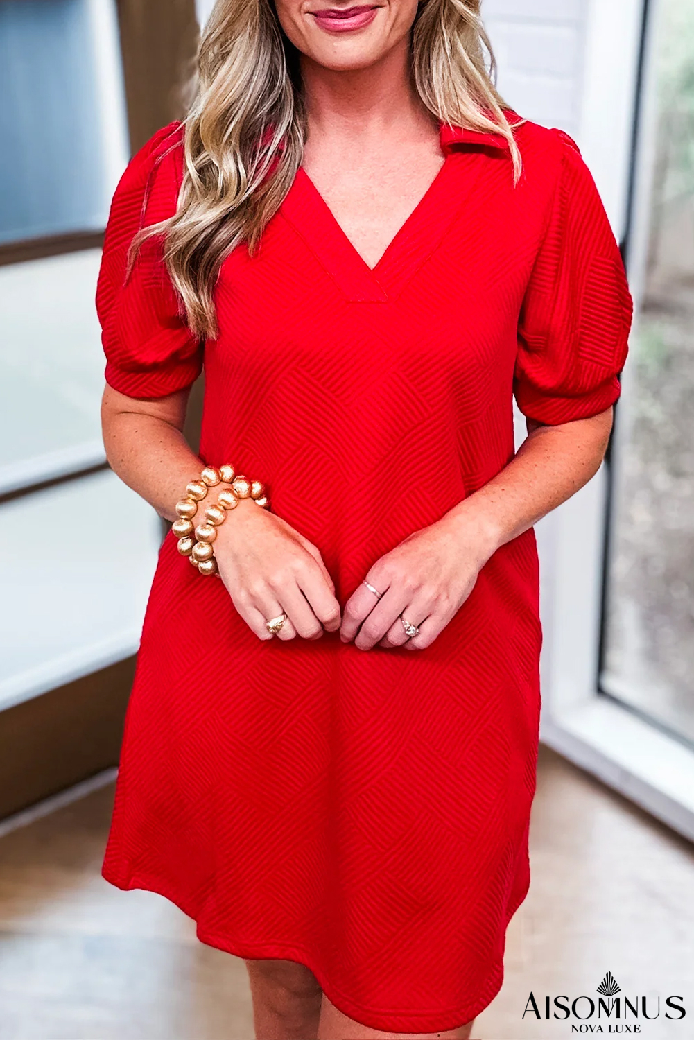 Fiery Red V Neck Puff Sleeve Textured Mini Dress