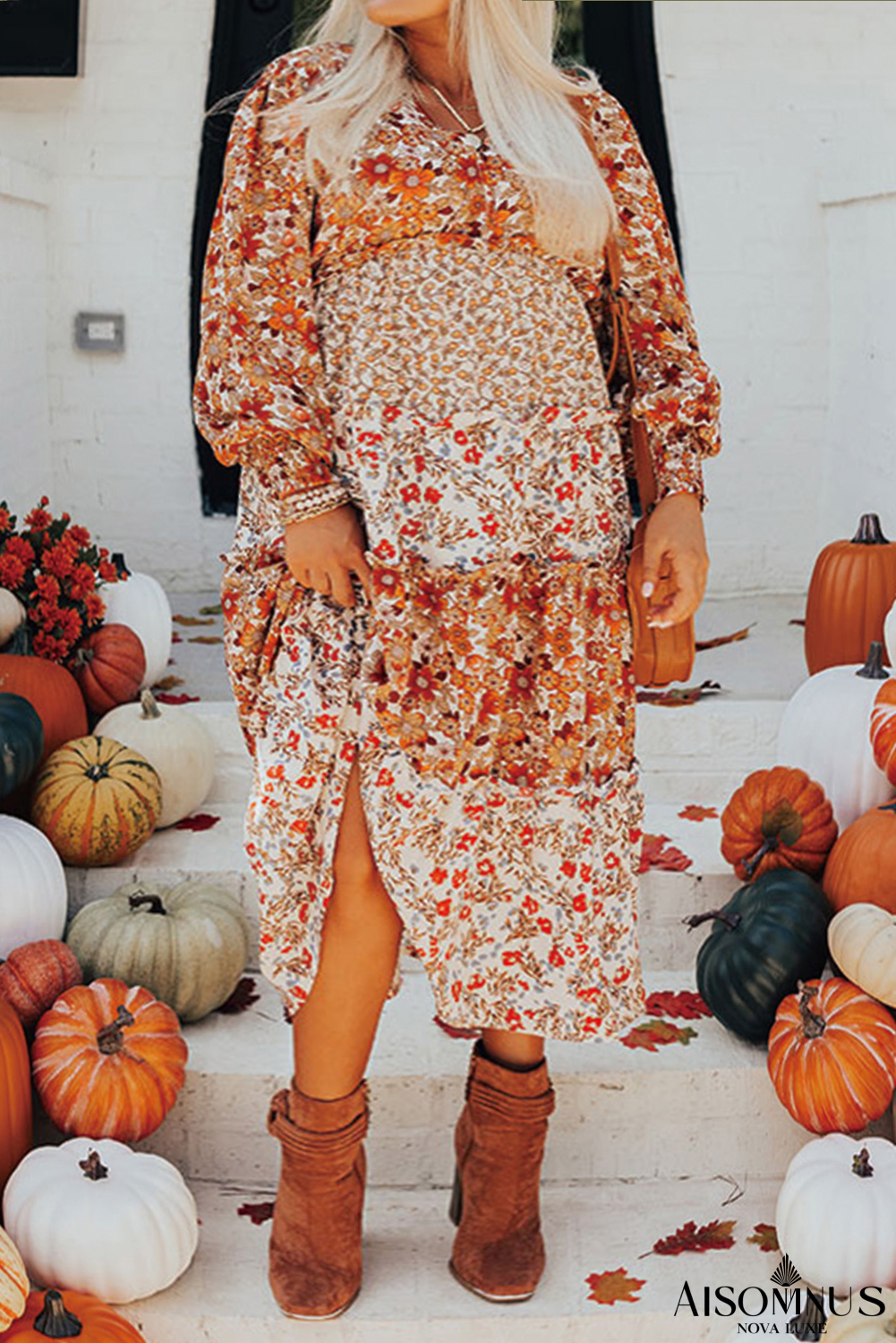 Khaki Plus Size Frill Tiered High Waist Floral Dress