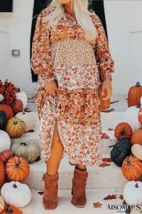 Khaki Plus Size Frill Tiered High Waist Floral Dress