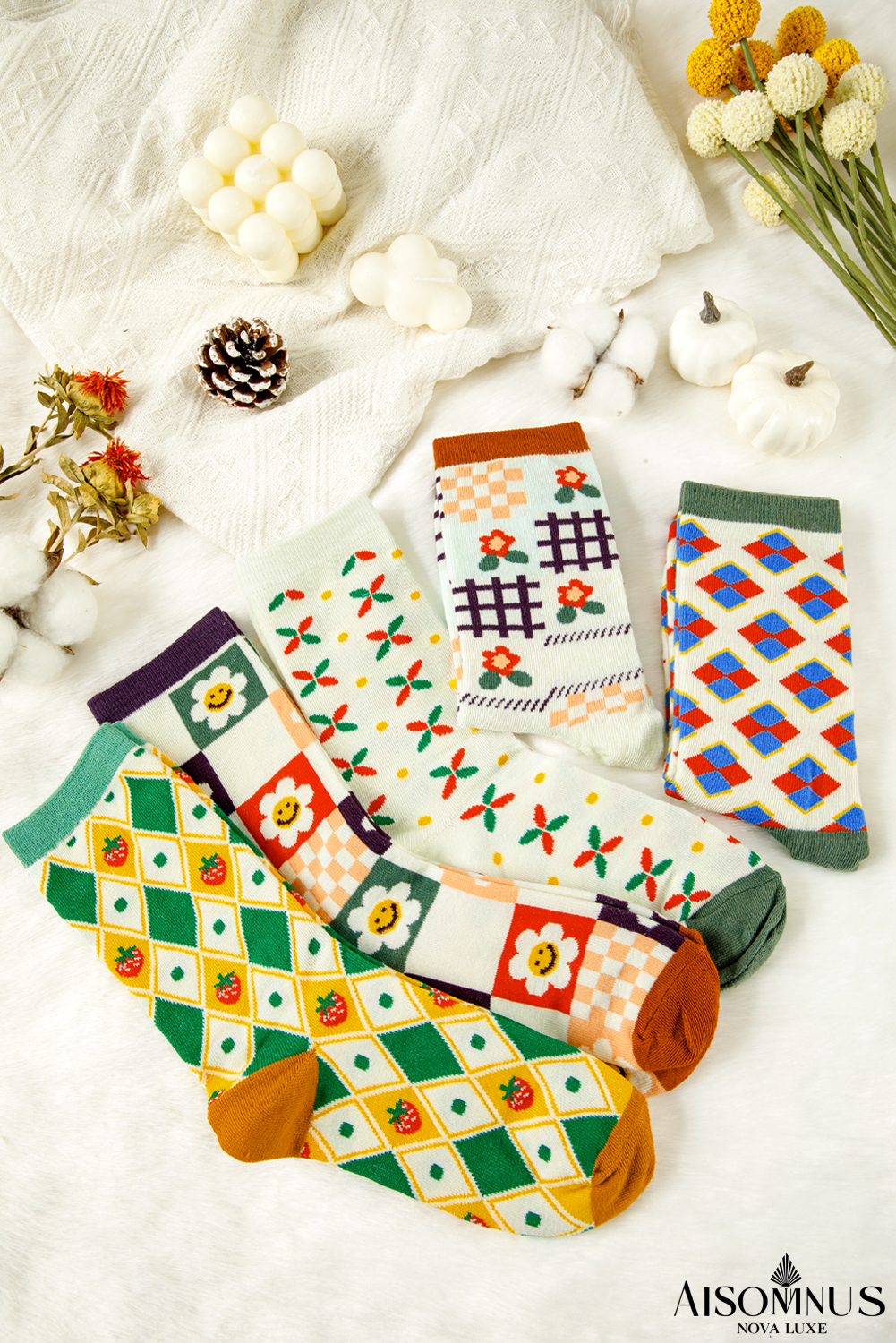 White Plaid Floral Cotton Crew Socks