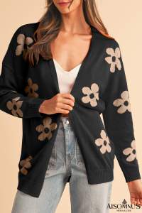 Black 60s Vintage Flower Drop Shoulder Cardigan