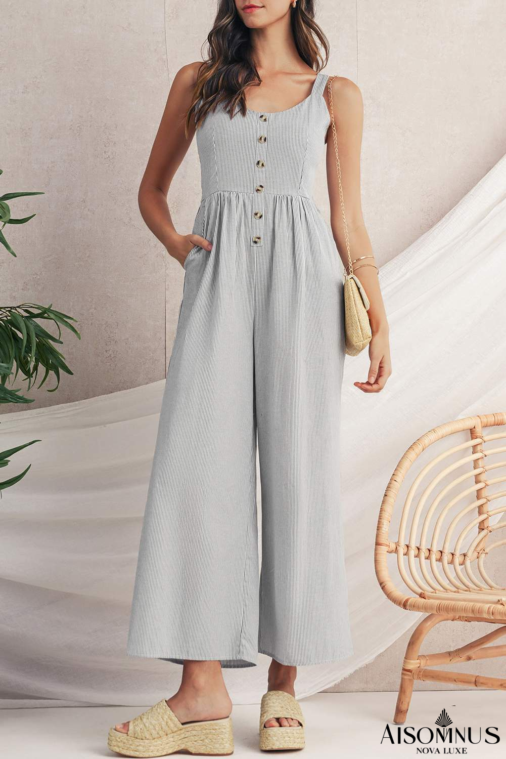 Black Stripe Half Buttoned Sleeveless Wide Leg Jumpsuit