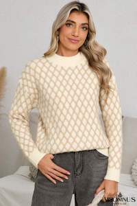 Oatmeal Rhombus Textured Knit Drop Sleeve Sweater