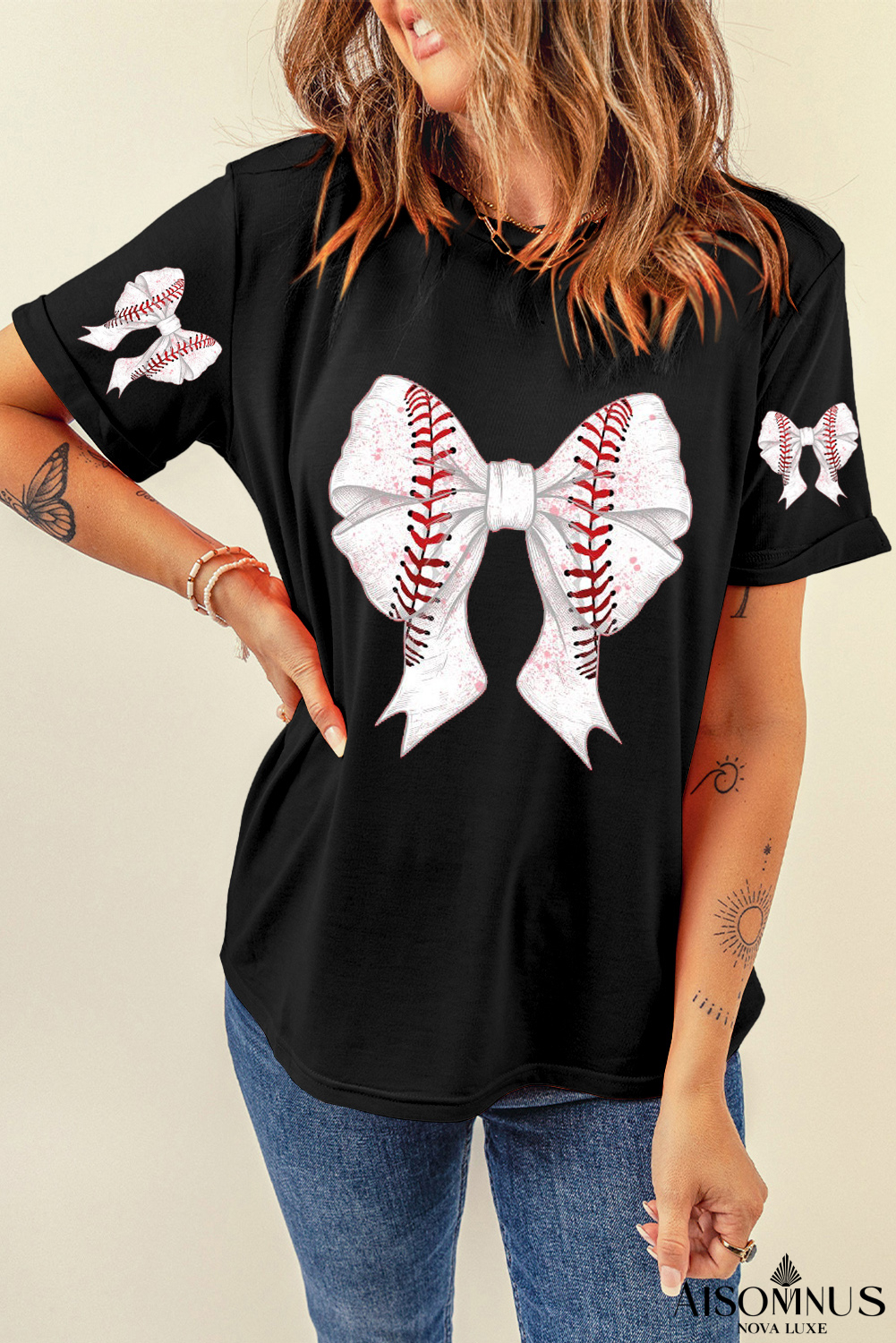 Black Casual Bow Tie Print Baseball Graphic Tee