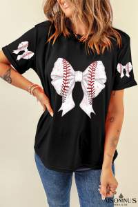 Black Casual Bow Tie Print Baseball Graphic Tee
