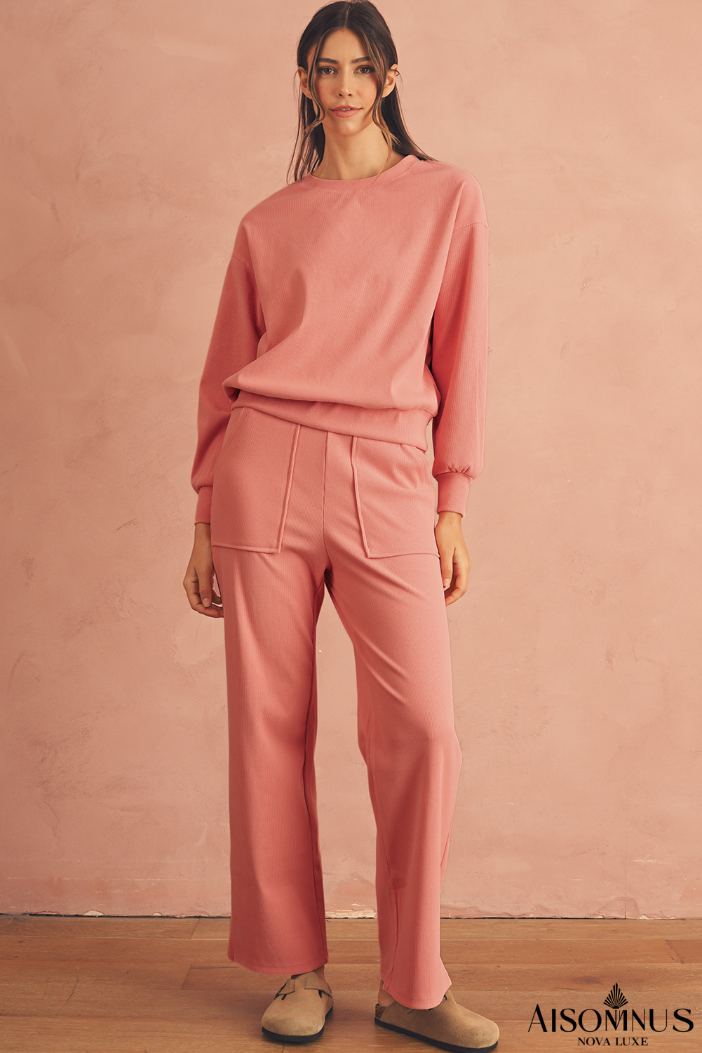 Blossom Ribbed Drop Shoulder Sweatshirt Pocketed Pants Set