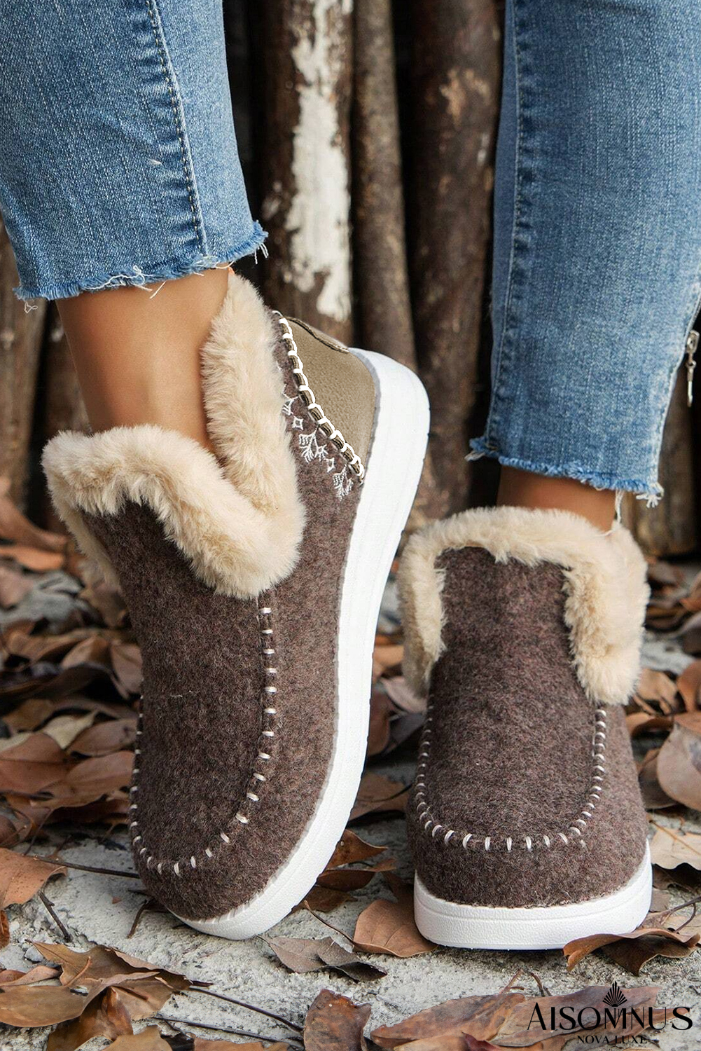 Coffee Suede Stitching Patchwork Plush Lined Anklet Boots