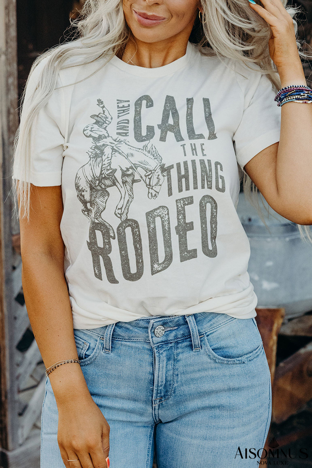 White AND THEY CALL THE THING RODEO Print Round Neck T Shirt