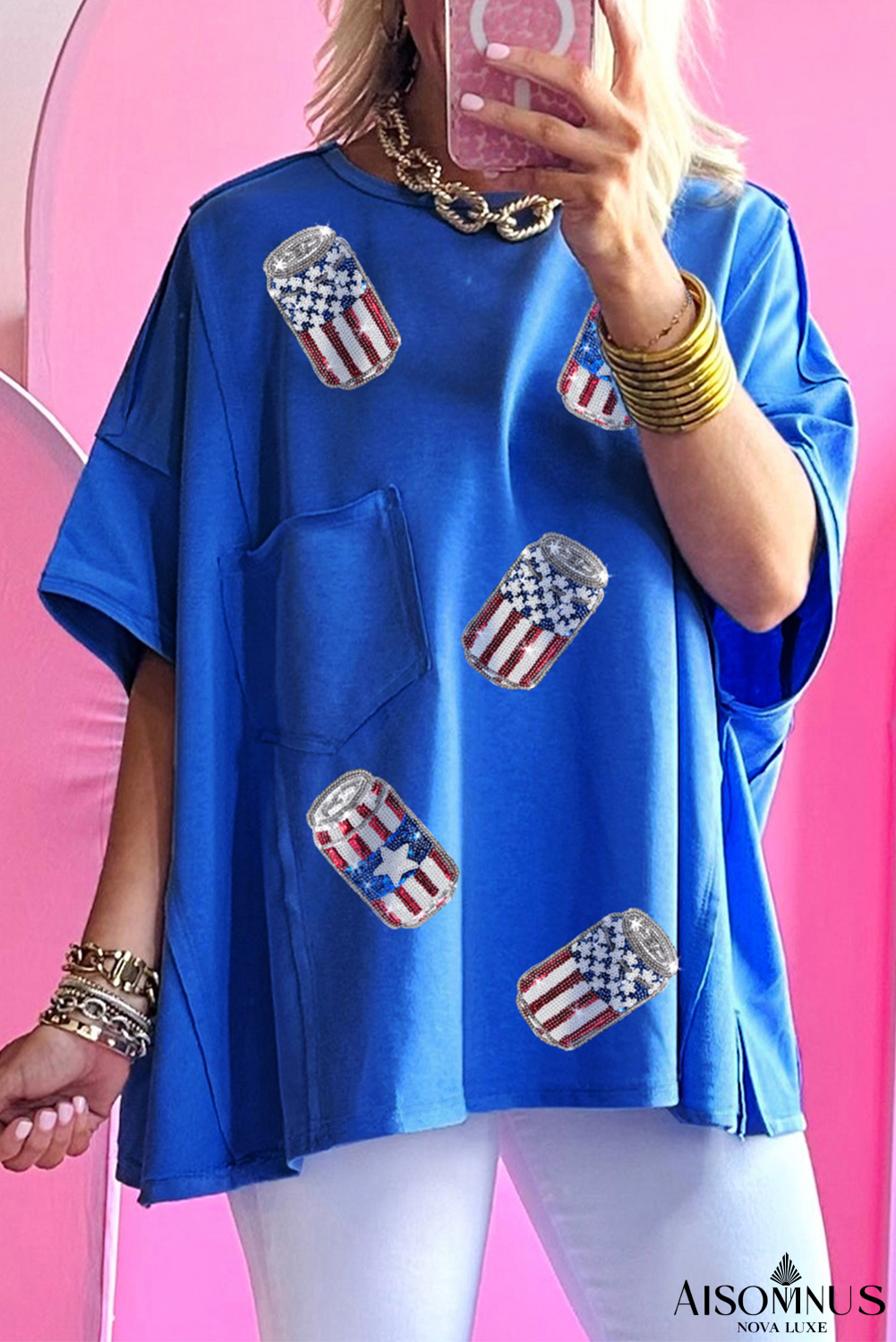 Blue Sequin American Flag Pop Can Pattern Oversized Tee