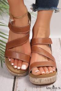 Chestnut Hollow Out Velcro Leather Wedge Sandals