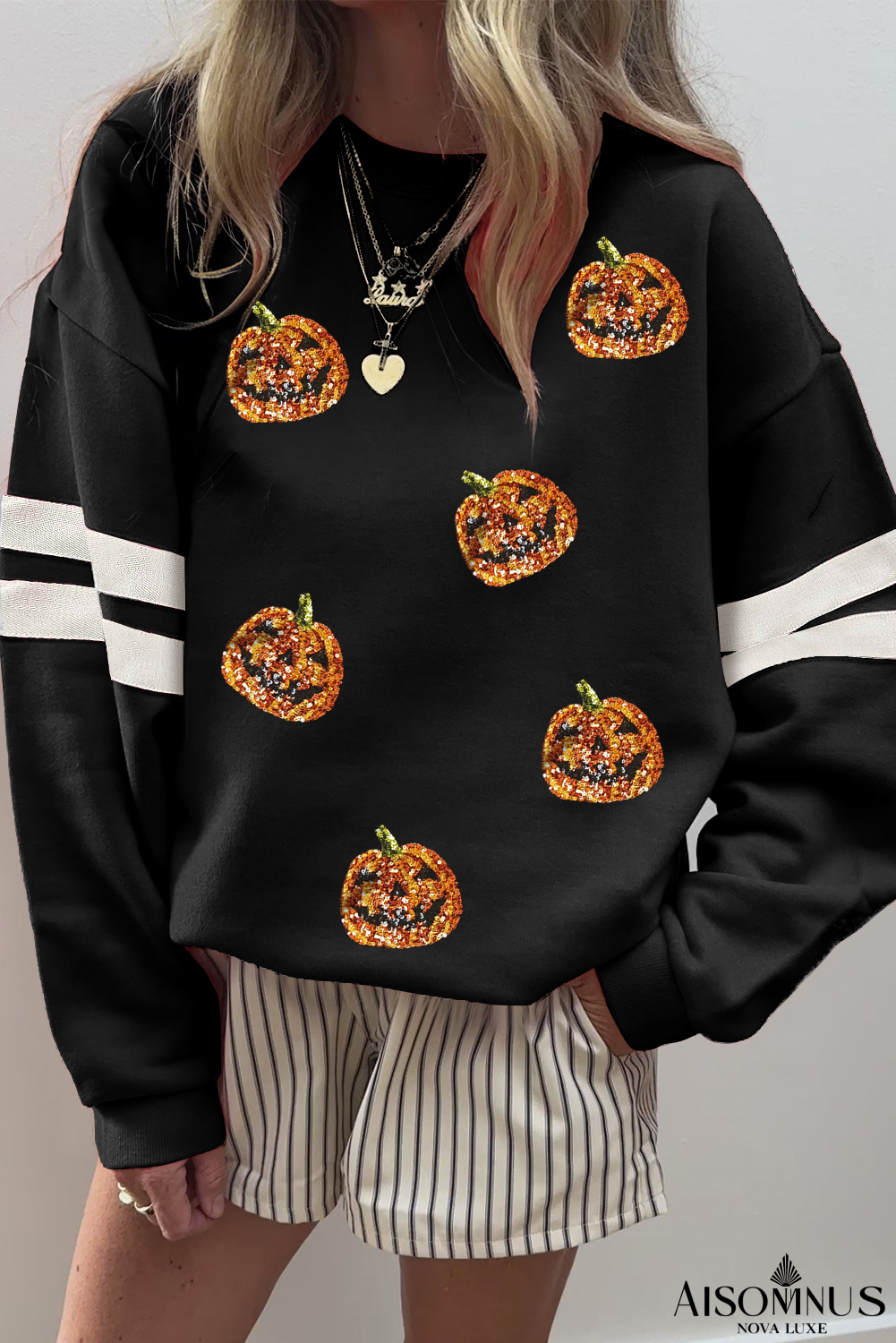 Black Halloween Pumpkin Sequin Patched Oversize Varsity Sweatshirt