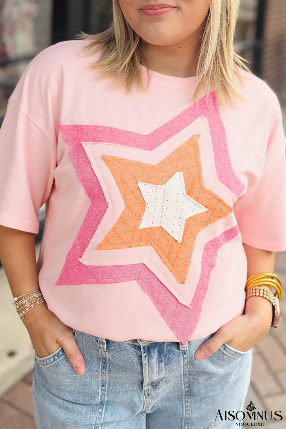 Light Pink Eyelet Colorblock Star Applique Plus Size T Shirt