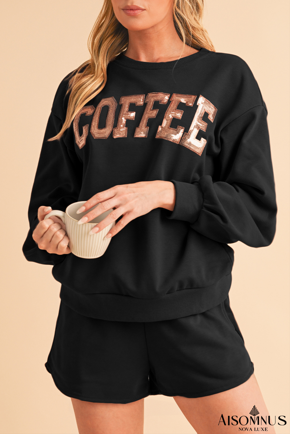 Black Sequins COFFEE Loose Fit Sweatshirt and Shorts Set