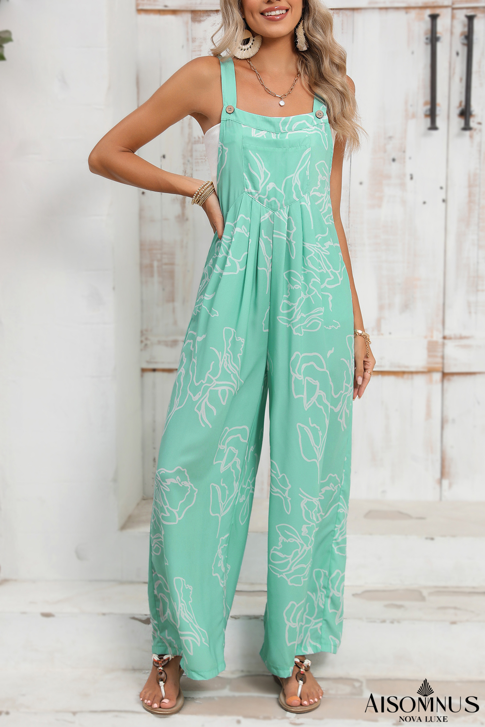Moonlight Jade Abstract Print Wide Leg Bib Overall