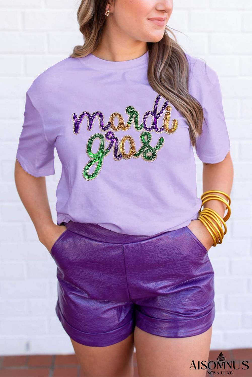 Wisteria Sequin mardi gras Letter Print Crewneck Tee