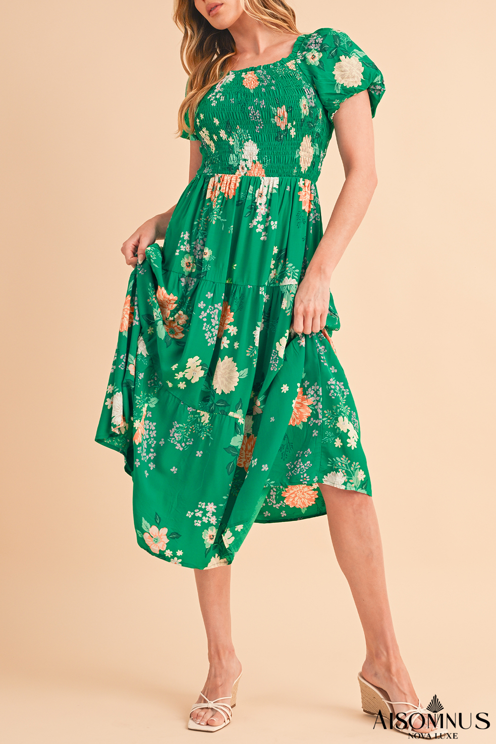 Green Floral Print Bubble Sleeve Smocked Tiered Midi Dress