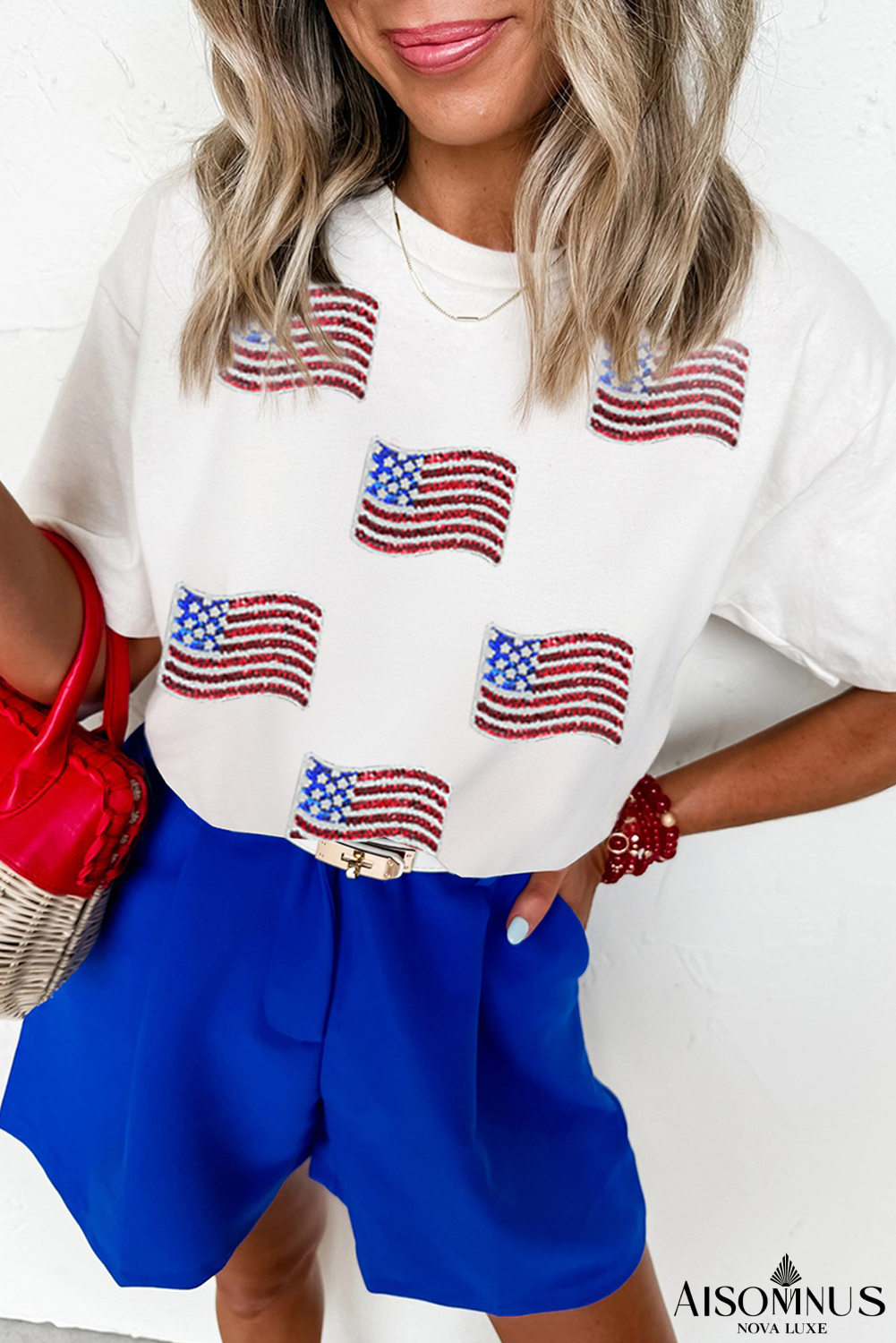 White Sequin American Flag Patched Casual T Shirt
