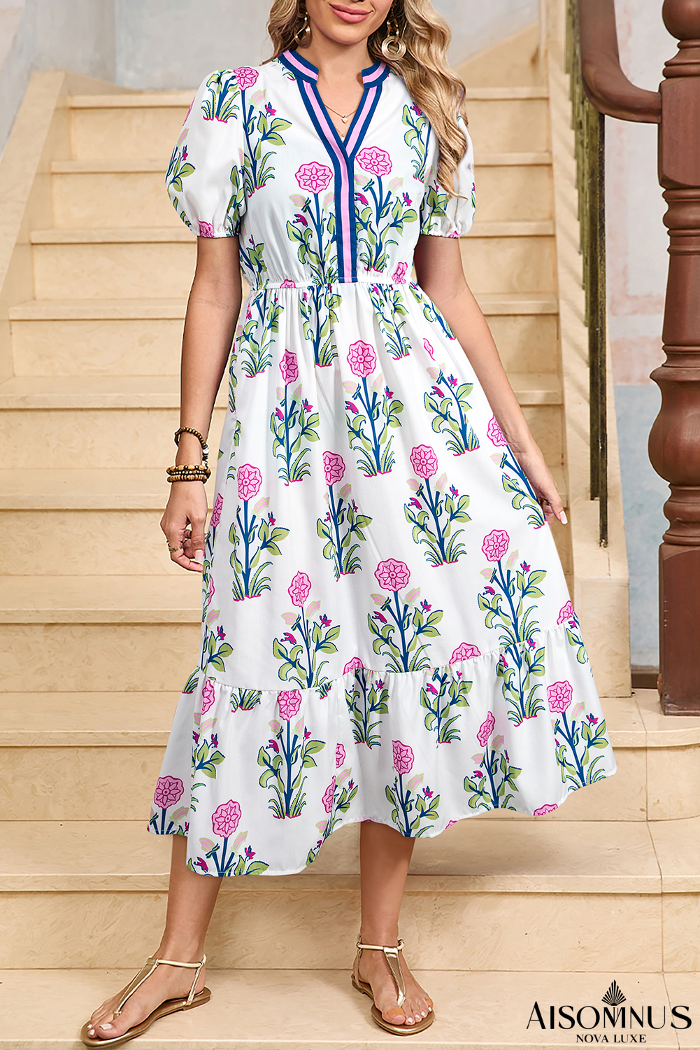 White Floral Ruffle Hem Pop of Color Neckline Dress