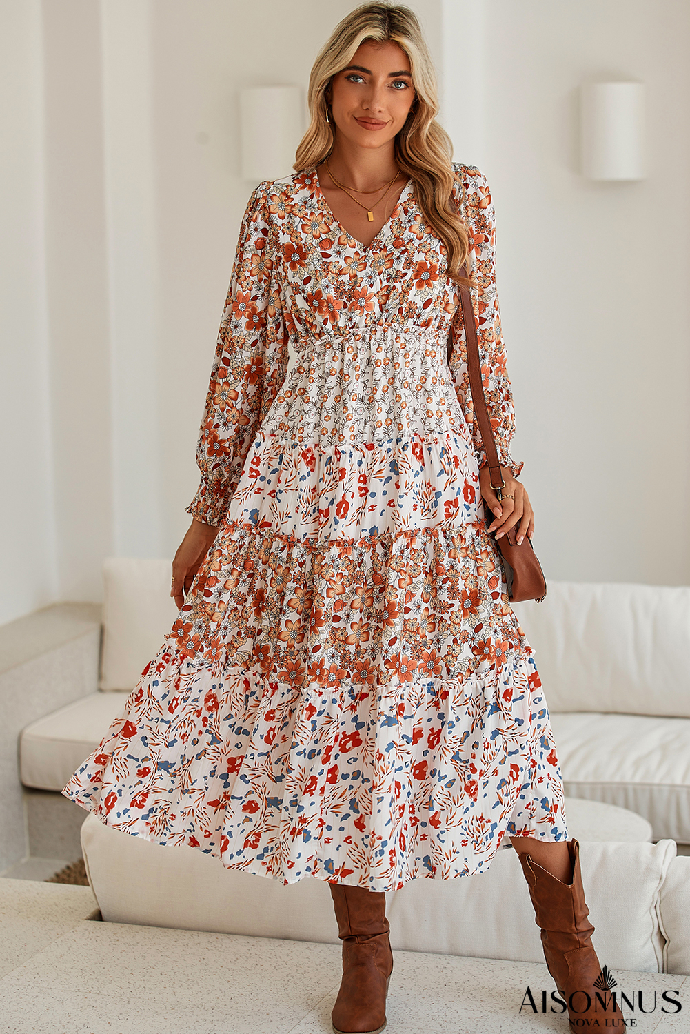 Khaki Floral Print Ruffled Tiered Long Sleeve V Neck Midi Dress