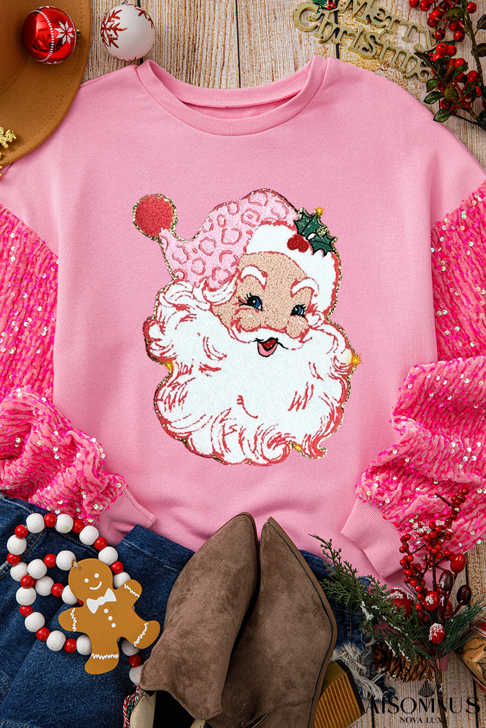 Pink Shiny Santa Claus Graphic Sequin Sleeve Sweatshirt