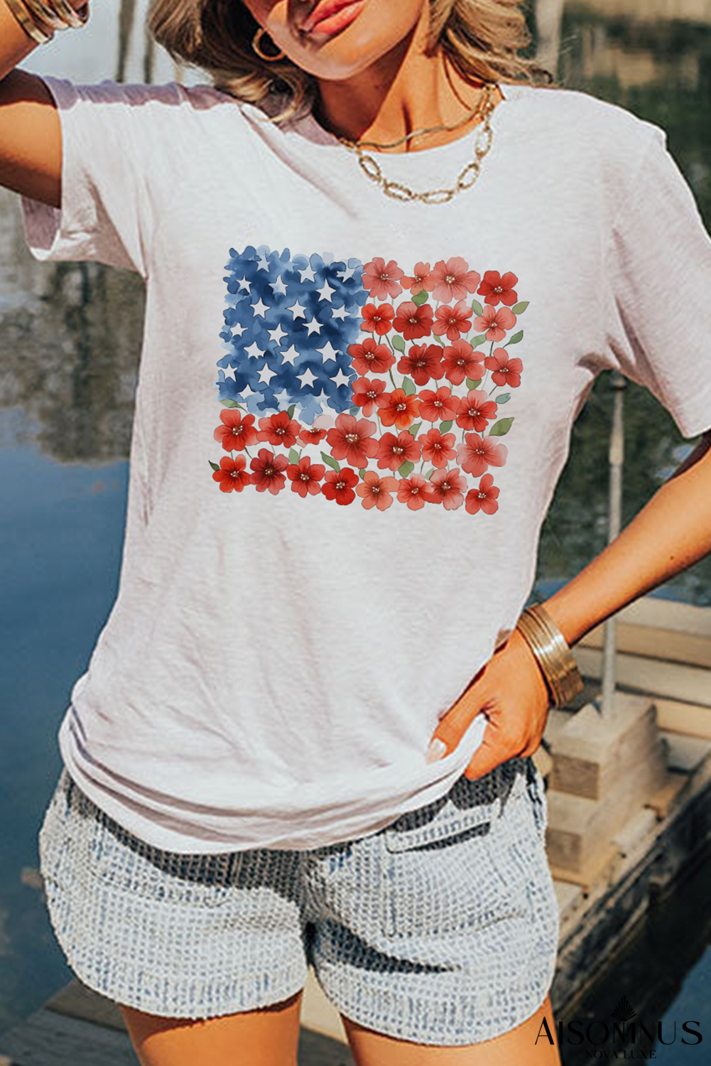 White Patriotic Star Floral Printed T Shirt
