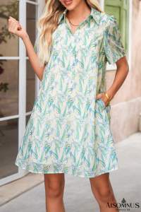 Green Floral Half Button Short Sleeve Mini Dress