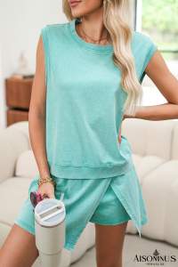 Mint Green Mineral Wash Sleeveless Top and Split Skort Set