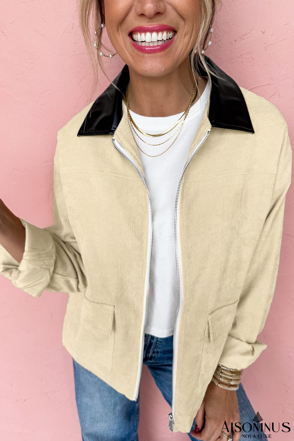 Parchment Contrast Leather Collar Textured Zip Up Jacket