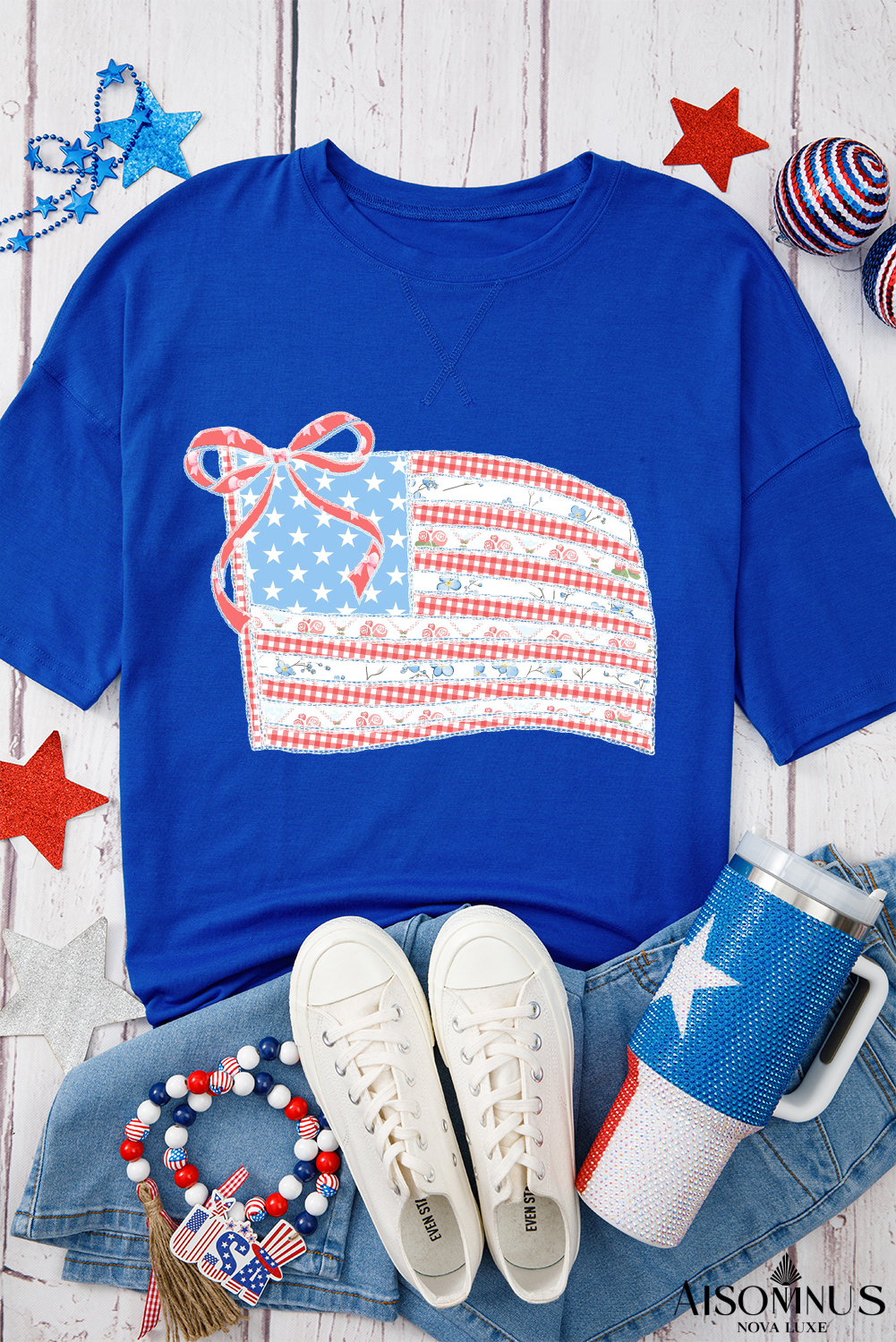 Dark Blue American Flag Bowknot Floral Print Side Slit T Shirt