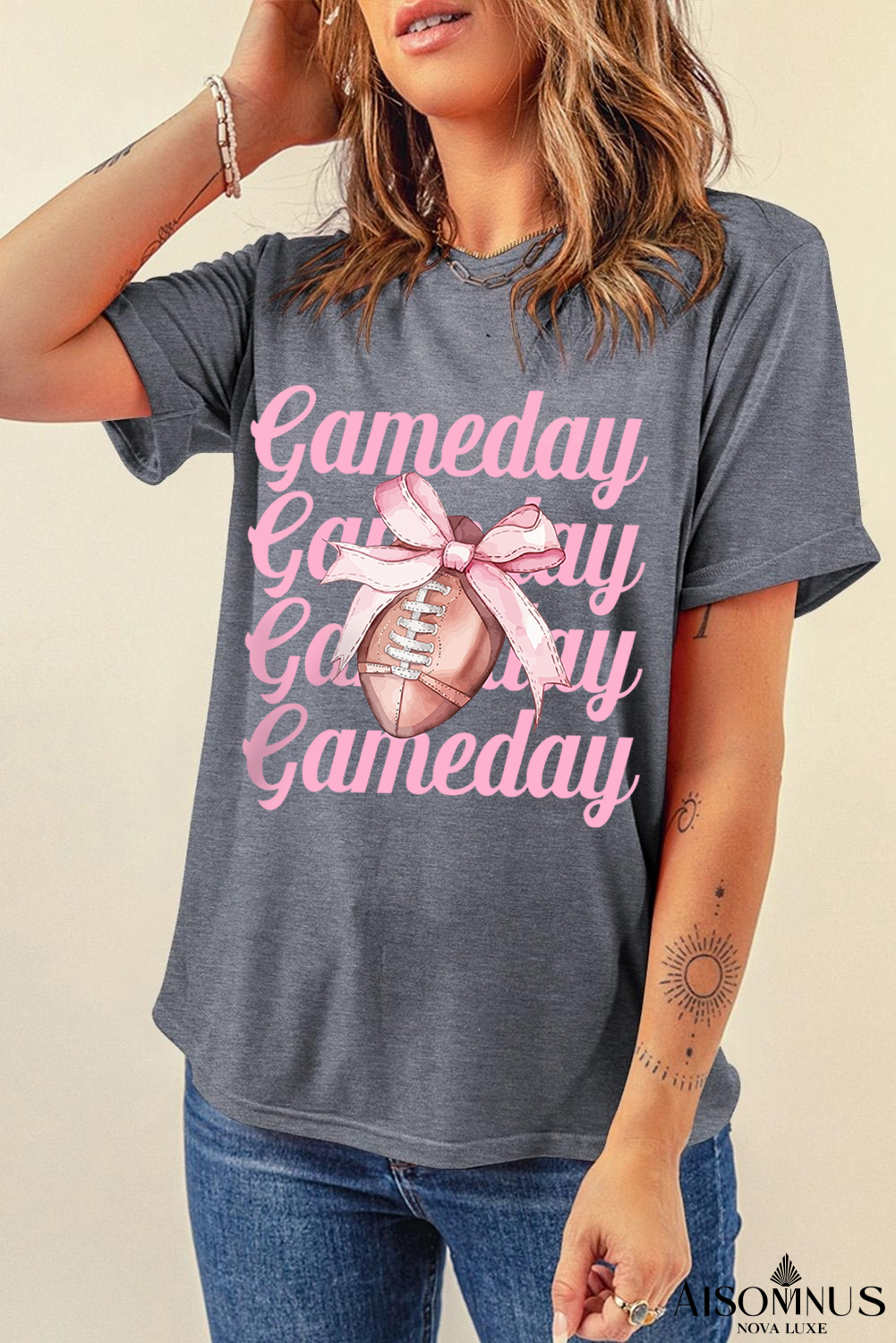 Gray Game Day Bowknot Football Graphic Casual Tee