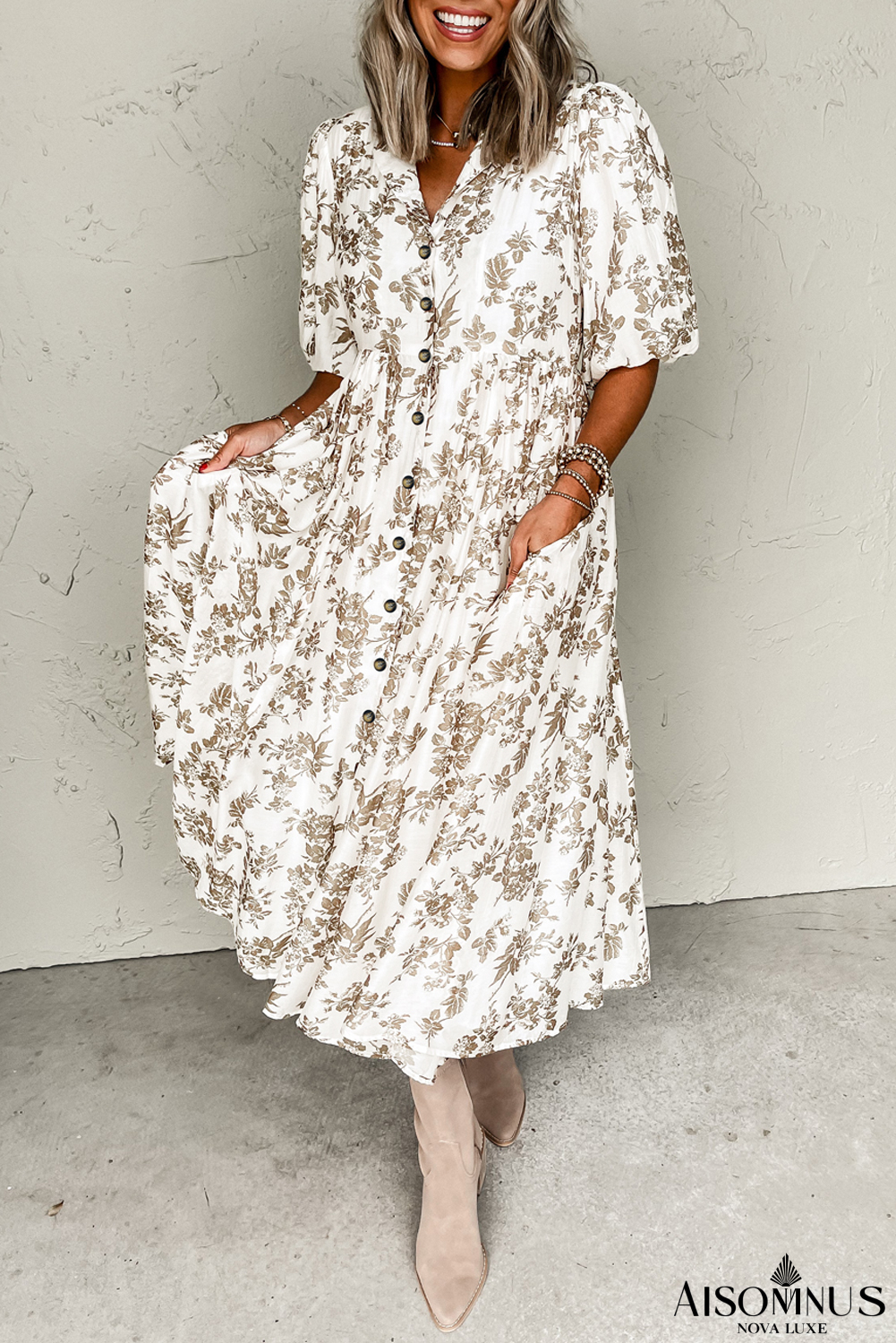 Khaki Floral Puff Sleeve V Neck Buttoned Front Maxi Dress