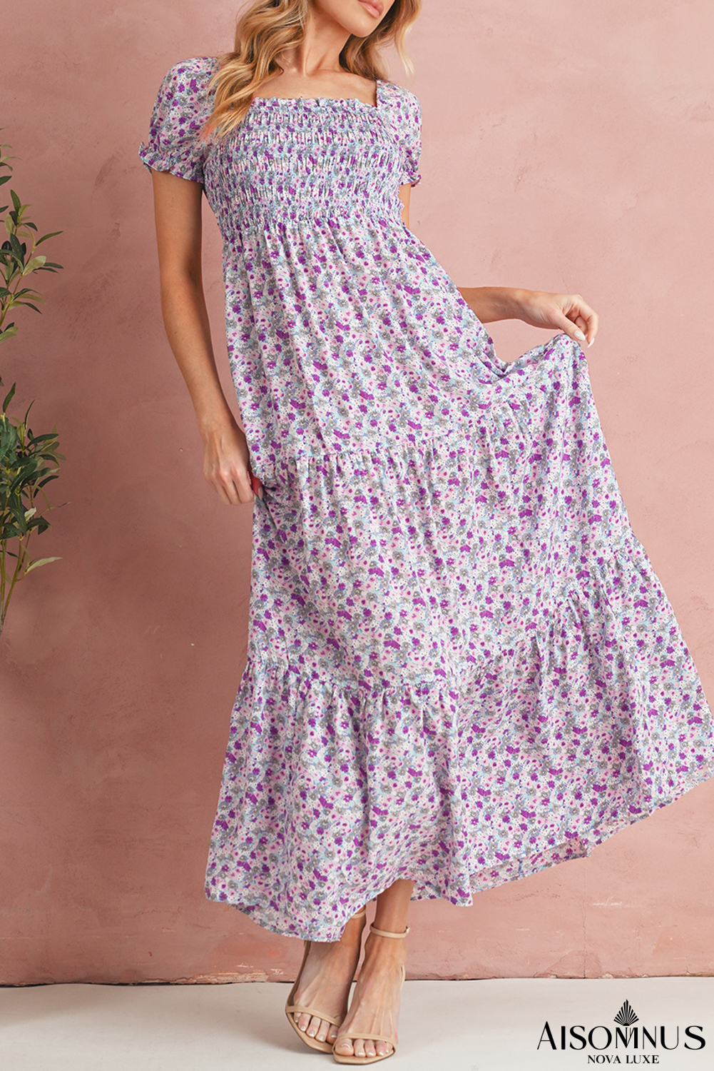 Purple Floral Short Bubble Sleeve Smocked High Waist Maxi Dress