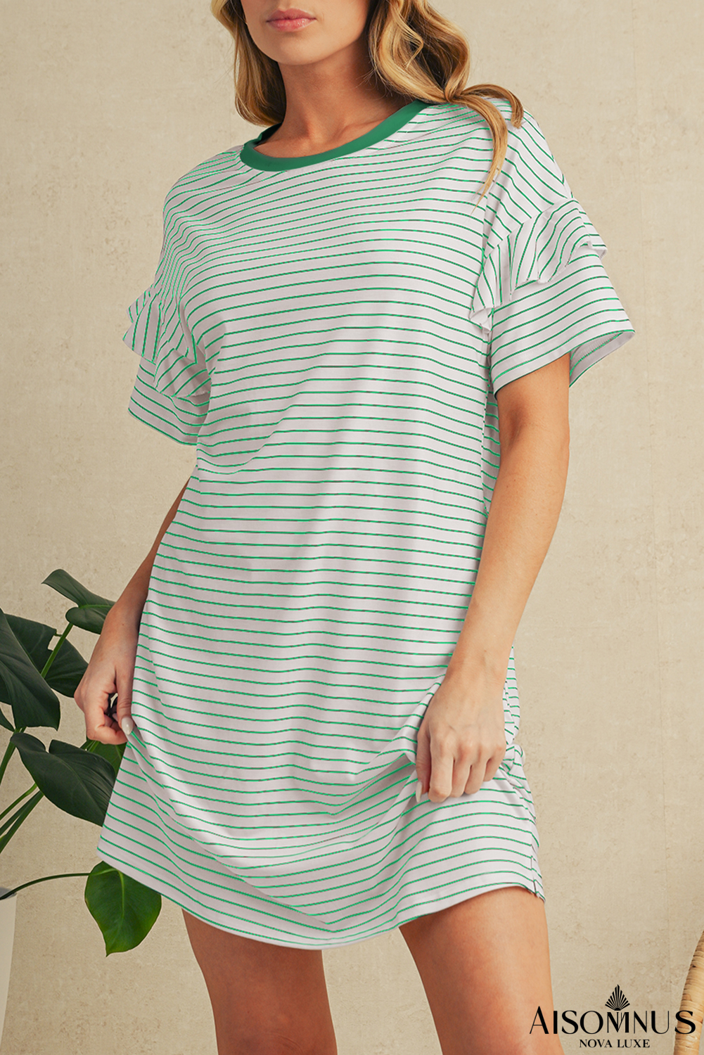 Green Stripe Ruffle Short Sleeve T Shirt Mini Dress