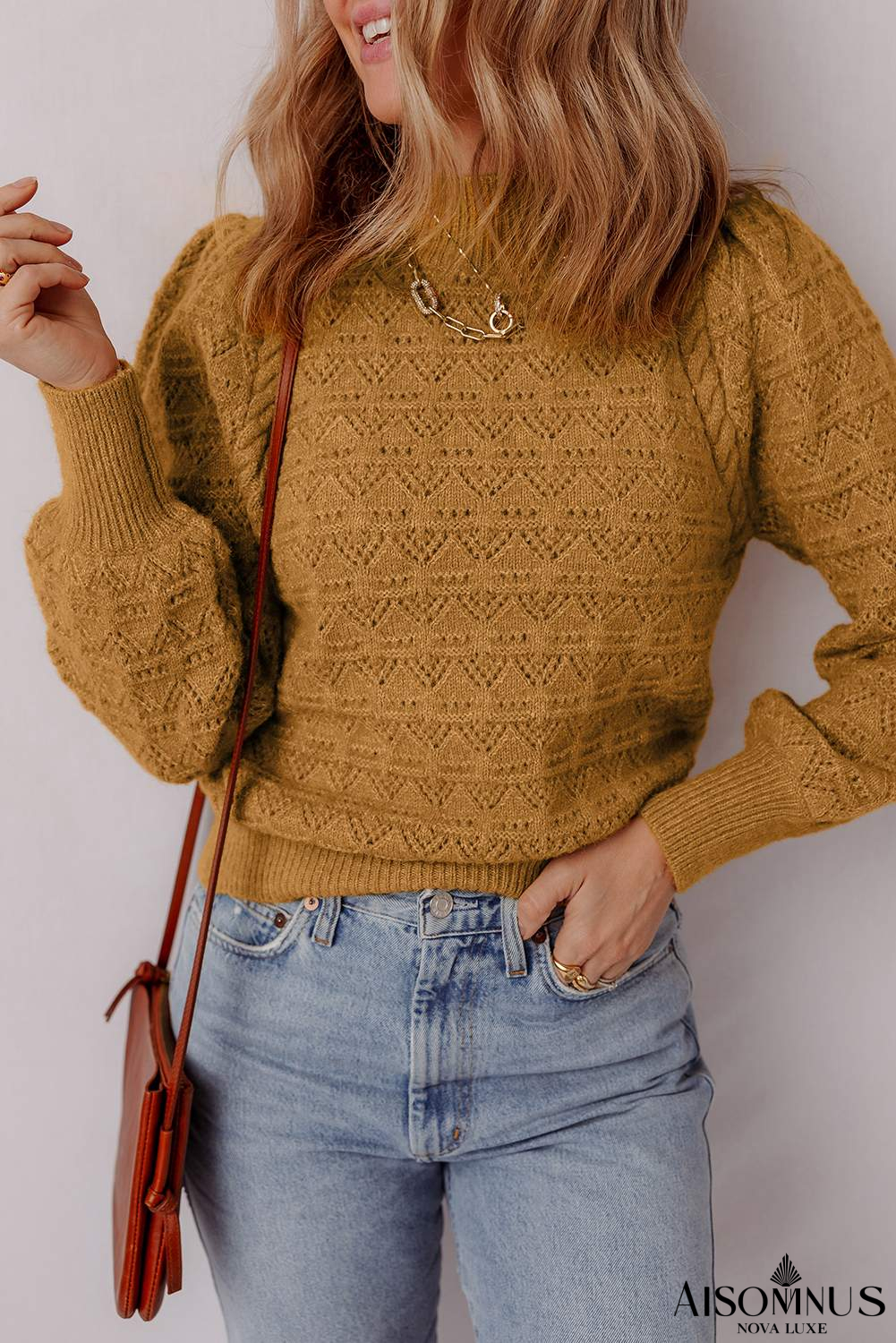 Jurassic Gold Hollow Out Crochet Ribbed Edge Balloon Sleeve Sweater