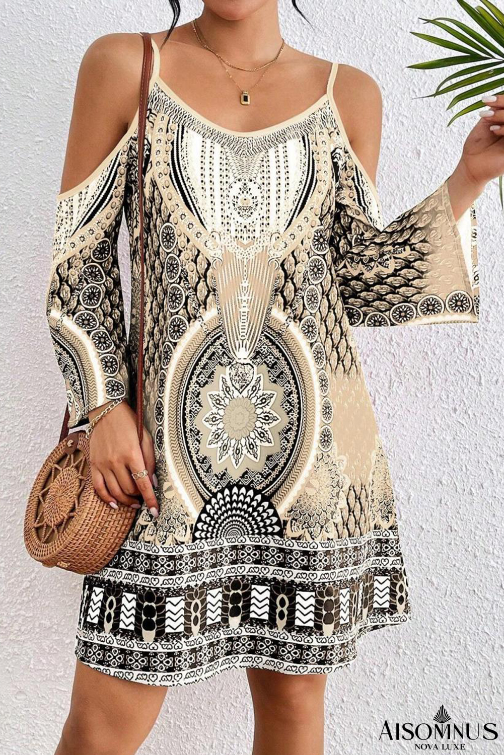 Apricot Boho Cold Shoulder Long Sleeve Mini Dress