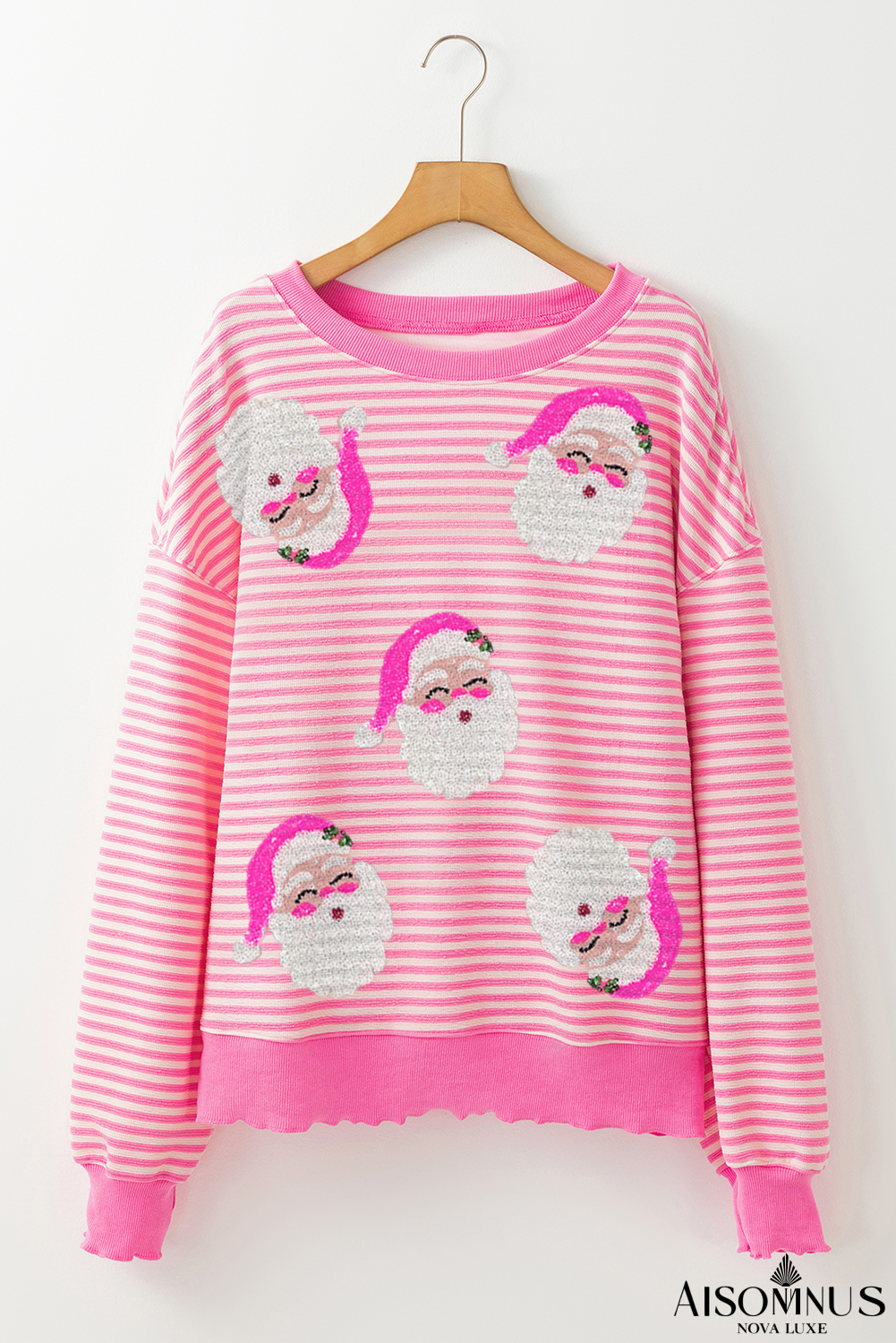 Pink Stripe Santa Clause Print Drop Shoulder Long Sleeve Loose Top
