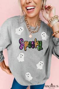 Gray Spooky Halloween Ghost Sequin Patched Sweatshirt