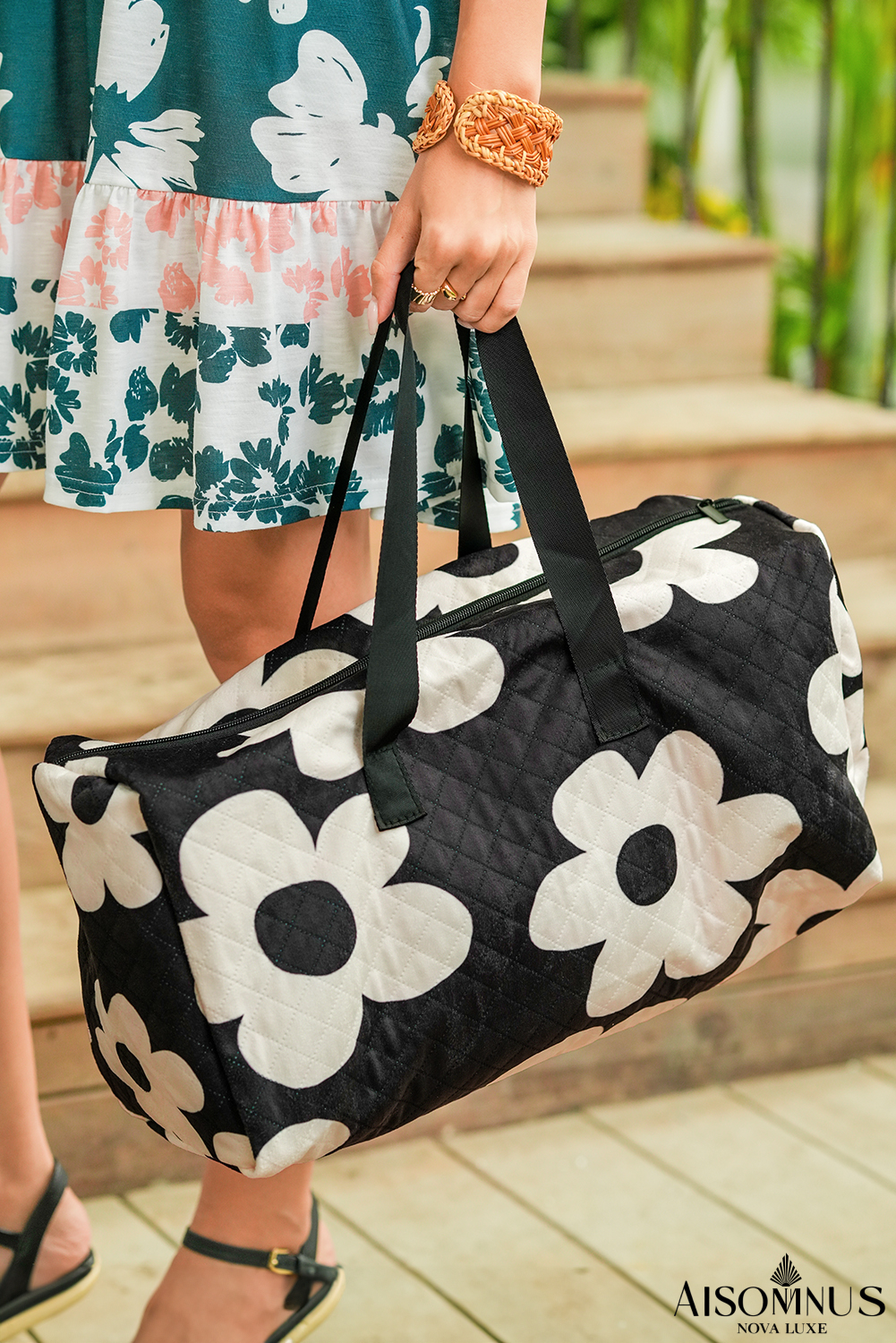Black Flower Print Quilted Large Duffel Bag