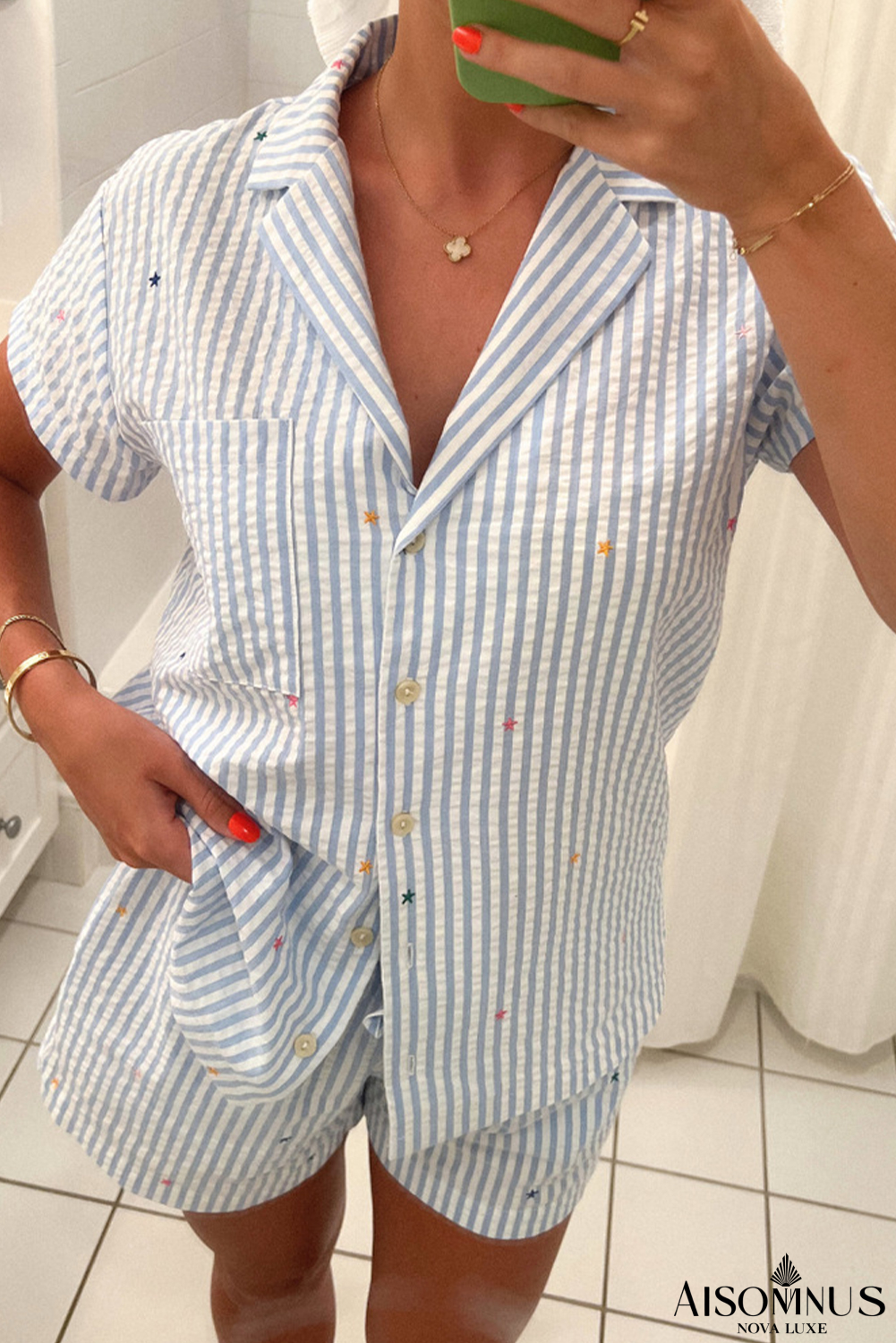 Sky Blue Stripe Button Up Lapel Collared Top and Shorts Set