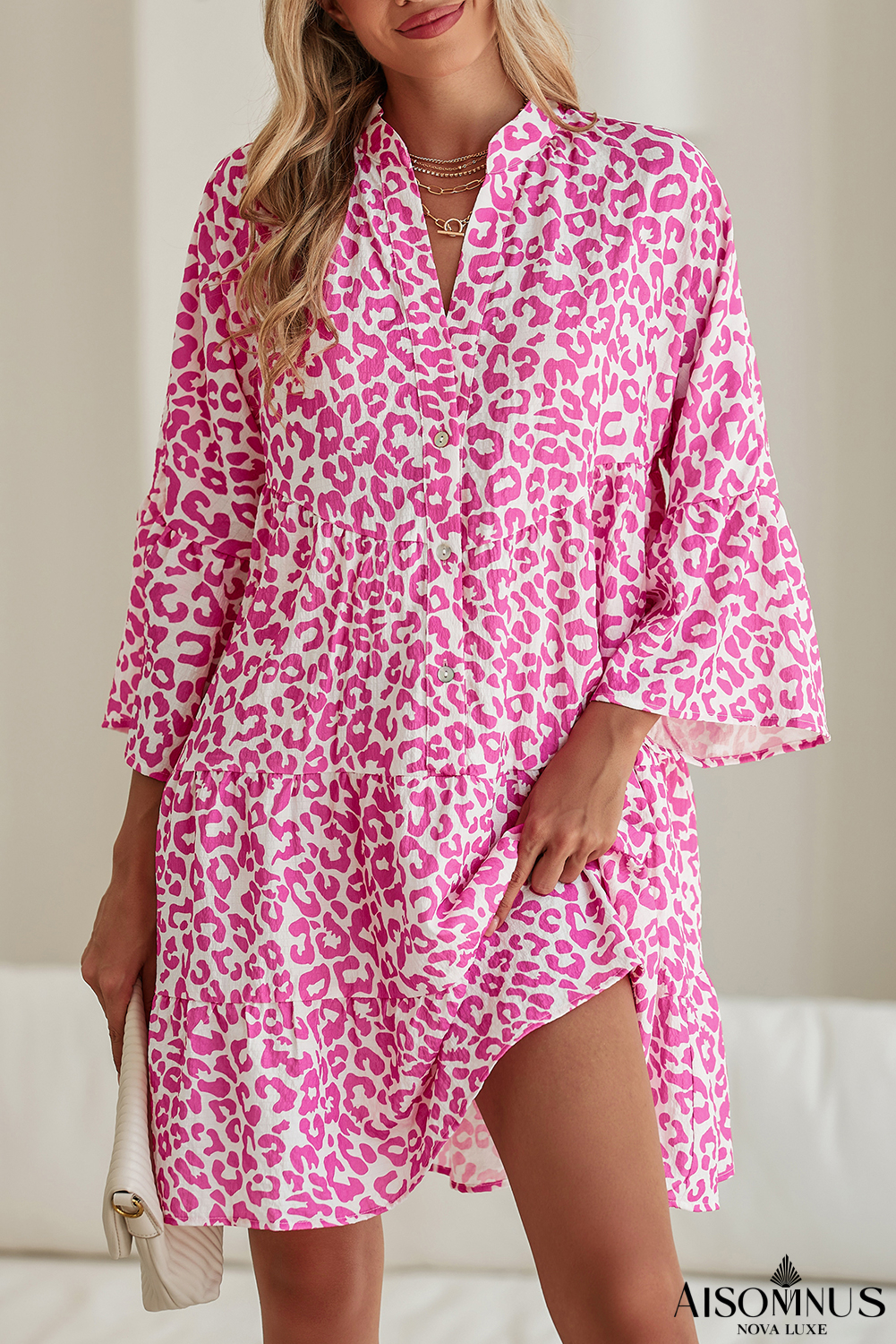 Bright Pink Leopard Print Flounce Sleeve Mini Dress