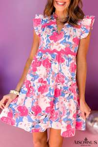 Pink Floral Printed V Notched Ric Rac Flutter Short Dress