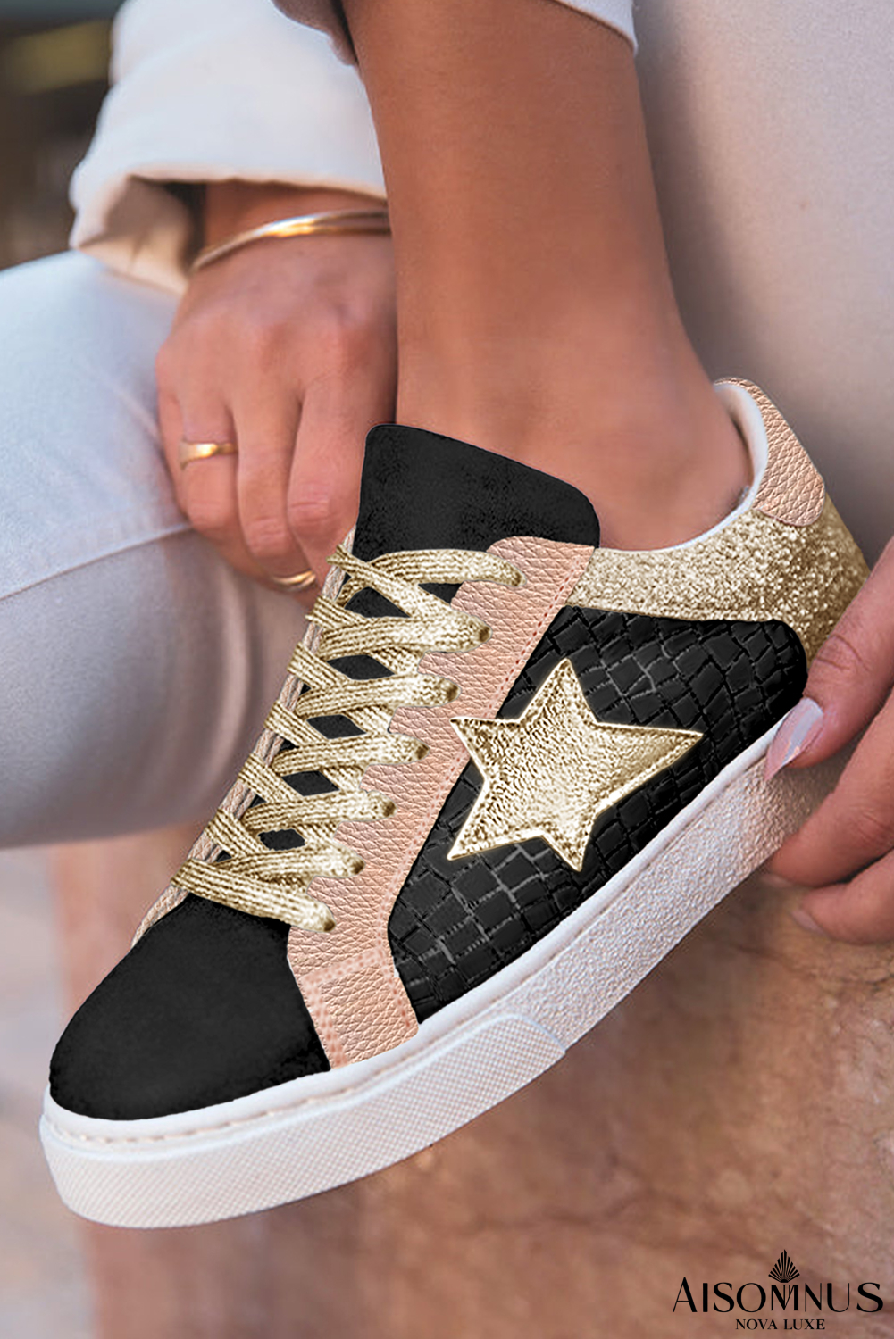Rose Gold Glitter Star Patchwork PU Leather Lace-up Sneakers