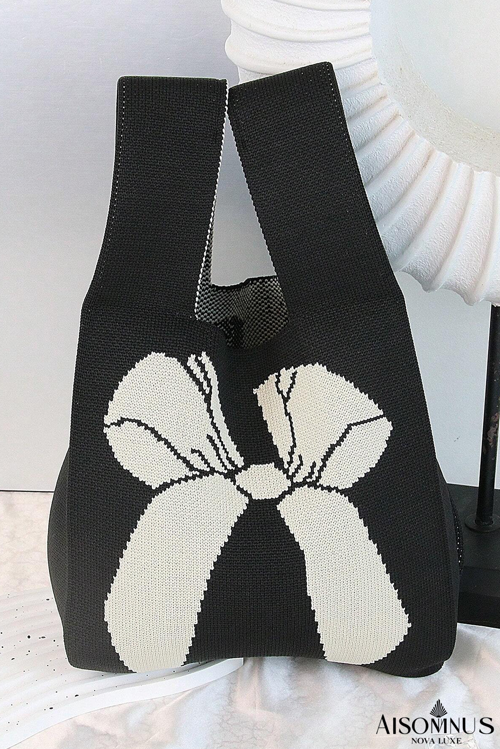 Black Colorblock Bowknot Pattern Knitted Tote Bag