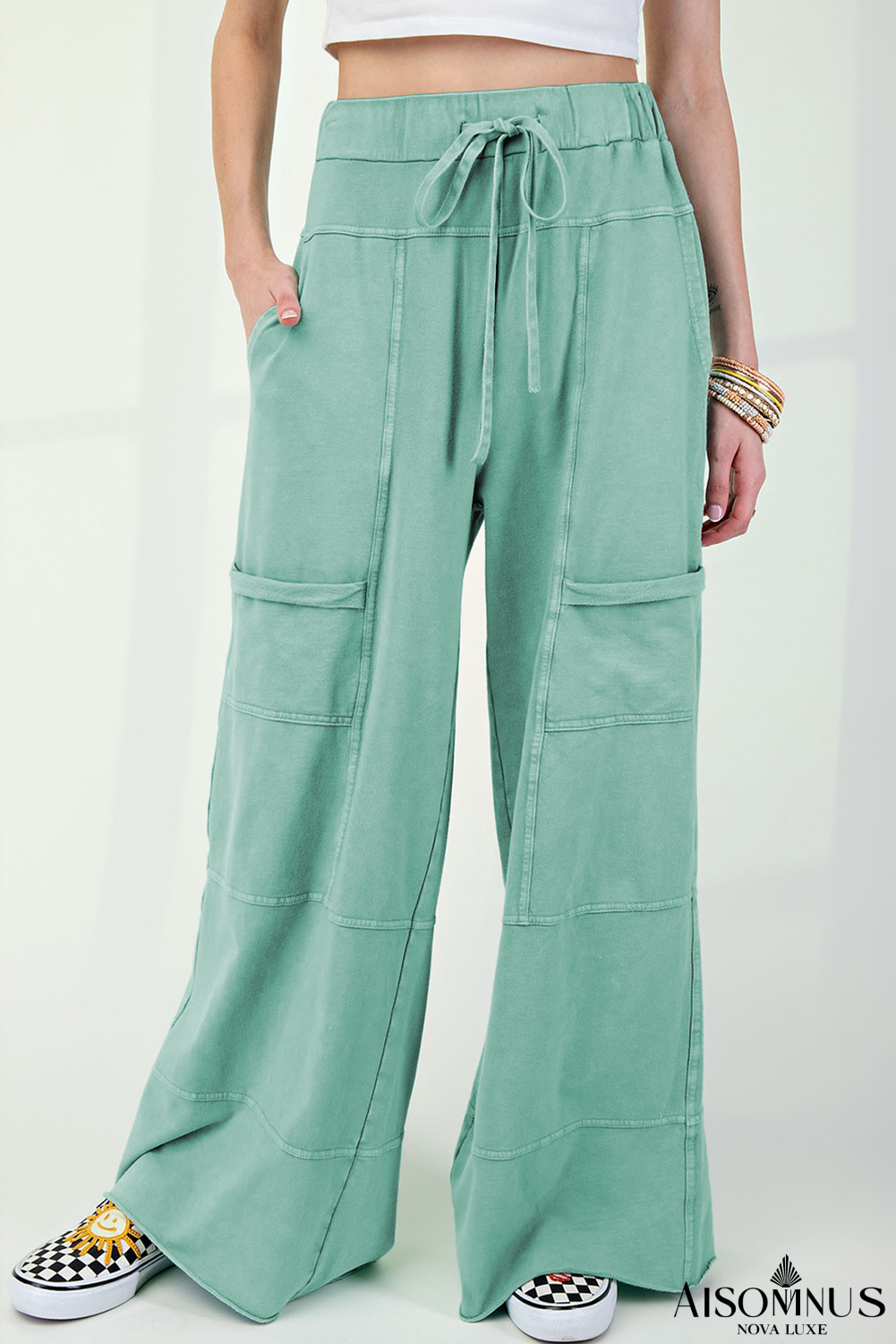 Mint Green Mineral Wash Exposed Seam Wide Leg Cargo Pants