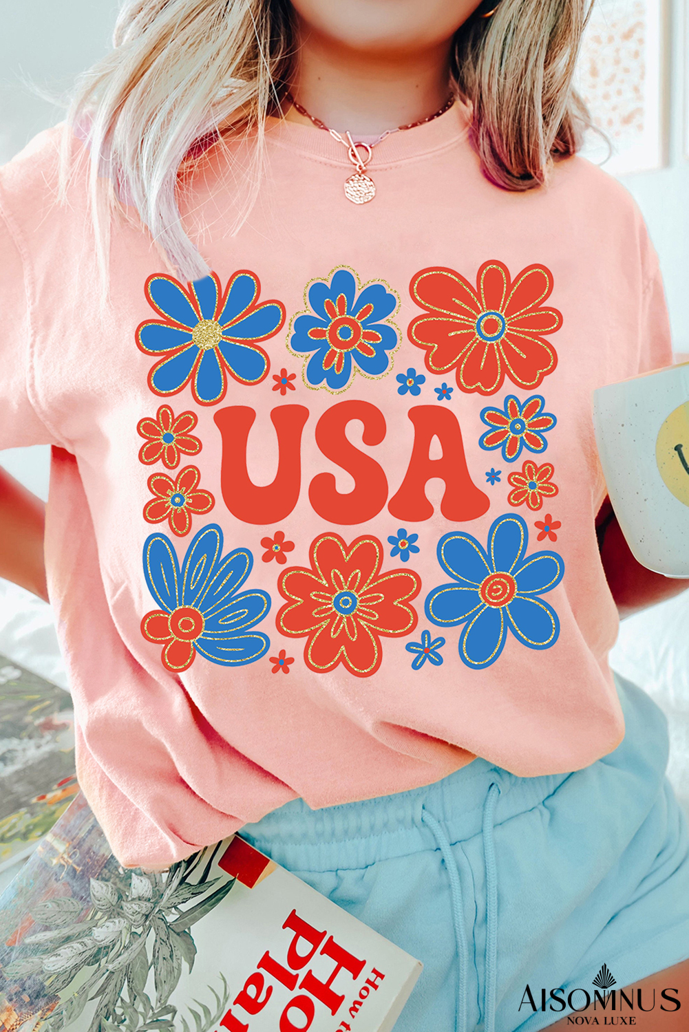 Pink 4th of July Flower USA Letter Printed Casual T Shirt
